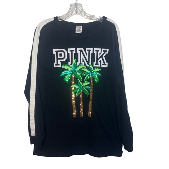 Victorias Secret Pink Long Sleeve Shirt Sequin Palm Trees Medium Black - Picture 1 of 8
